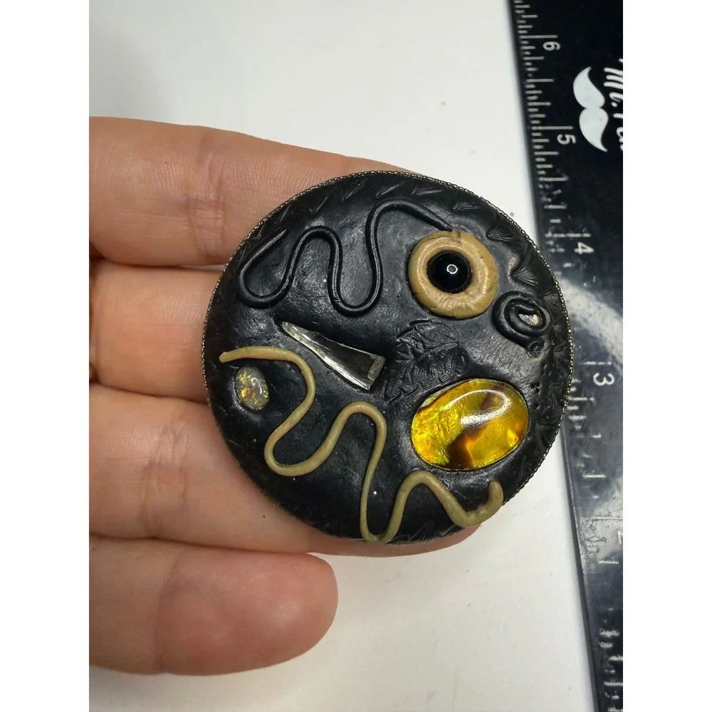 Artisan Abstract Face Mixed Media Brooch Pendant Amber Opal Tones Black 2